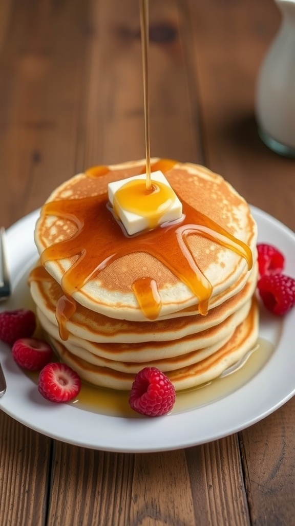 Fluffy pancakes stacked with butter and syrup, garnished with berries on a rustic table.